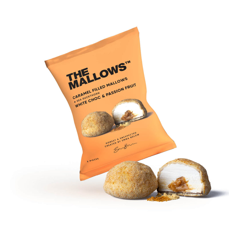 The Mallows Caramel Filled Mallows & White Chocolate Passion Sea Buckthorn | Gourmet skumfiduser med karamel