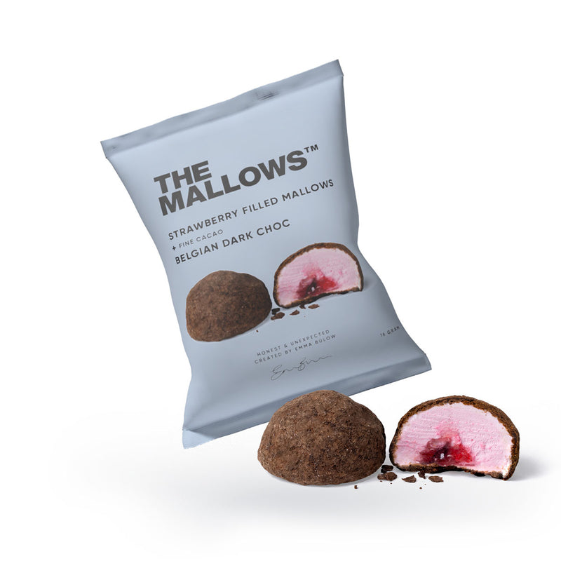 The Mallows Strawberry Filled Mallows & Belgian Dark Chocolate | Gourmet skumfiduser med jordbær og mørk chokolade