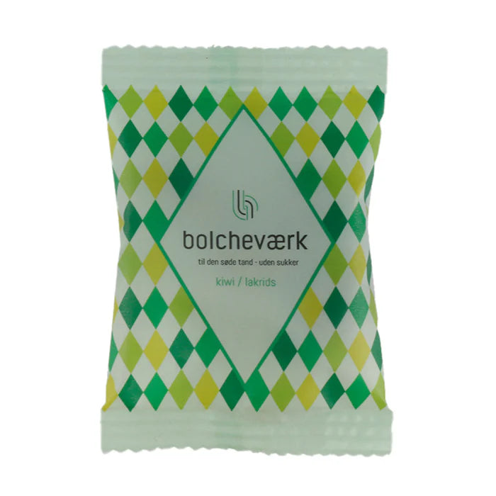Bolcheværk Sukkerfri Bolcher Kiwi & Lakrids Flowpack 12g